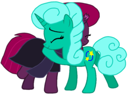 Size: 1418x1055 | Tagged: safe, artist:徐詩珮, fizzlepop berrytwist, glitter drops, tempest shadow, pony, unicorn, g4, base used, broken horn, clothes, cute, eyes closed, female, glitterbetes, horn, hug, lesbian, mare, scarf, ship:glittershadow, shipping, simple background, tempestbetes, transparent background