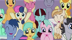 Size: 1920x1080 | Tagged: safe, screencap, blues, bon bon, caramel, carrot top, golden harvest, jet set, lily, lily valley, lyra heartstrings, noteworthy, royal riff, say cheese, sweet biscuit, sweetie drops, tender brush, winter lotus, earth pony, pegasus, pony, unicorn, g4, the summer sun setback, female, male, mare, stallion