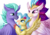 Size: 1063x752 | Tagged: safe, artist:julunis14, princess skystar, queen novo, seaspray, classical hippogriff, hippogriff, g4, my little pony: the movie, beautiful, claws, cute, ear fluff, eyeshadow, female, flower, flower in hair, folded wings, happy, headcanon, implied father, implied father and daughter, lidded eyes, makeup, male, missing accessory, mother and child, mother and daughter, novospray, shell necklace, shipping, simple background, skyabetes, spread wings, straight, sweet dreams fuel, talons, trio, wings, young