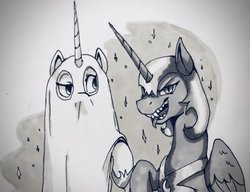 Size: 2048x1570 | Tagged: safe, artist:anticular, nightmare moon, princess celestia, princess luna, alicorn, pony, g4, bedsheet ghost, clothes, costume, duo, female, ghost costume, grayscale, halloween, halloween costume, mare, monochrome, nightmare moon costume, nightmare night costume, royal sisters, traditional art