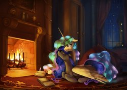 Size: 4096x2896 | Tagged: safe, artist:anticular, princess celestia, princess luna, alicorn, pony, g4, duo, eyes closed, female, fireplace, mare, missing accessory, neck nuzzle, night, ponyloaf, prone, redraw, royal sisters, sibling love, siblings, sisterly love, sisters, trophy, wing blanket