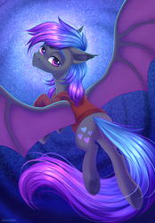 Size: 2000x2872 | Tagged: safe, artist:hakaina, oc, oc only, oc:grey, bat pony, pony, clothes, ear fluff, flying, freckles, heart, high res, hoodie, looking at you, looking back, looking back at you, male, solo, wings
