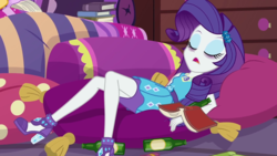 Size: 1280x720 | Tagged: safe, edit, edited screencap, screencap, rarity, blizzard or bust, equestria girls, equestria girls specials, g4, my little pony equestria girls: better together, my little pony equestria girls: holidays unwrapped, alcohol, bags under eyes, beer, beer bottle, book, drunk, drunk rarity, exhausted, eyes closed, eyeshadow, female, geode of shielding, high heels, legs, magical geodes, makeup, passed out, pillow, rarity peplum dress, shoes, sleeping, solo