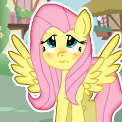 Size: 768x768 | Tagged: safe, artist:daylightsketch, fluttershy, pegasus, pony, g4, blushing, female, ibispaint x, looking up, mare, outline, solo, spread wings, standing, white outline, wings