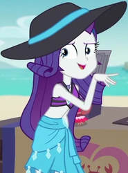 Size: 343x463 | Tagged: safe, screencap, rarity, equestria girls, g4, my little pony equestria girls: better together, too hot to handle, beach, belly button, bikini, bikini top, clothes, cropped, cute, female, geode of shielding, hat, jewelry, magical geodes, midriff, necklace, ocean, raribetes, rarity's blue sarong, rarity's purple bikini, sarong, skirt, smiling, solo, sun hat, swimsuit, table