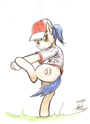 Size: 2919x4013 | Tagged: safe, artist:digiral, oc, oc only, earth pony, pony, baseball, baseball cap, bipedal, cap, clothes, female, hat, mare, ponytail, solo, sports