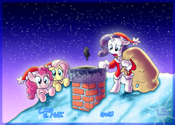 Size: 3756x2682 | Tagged: safe, artist:lars99, fluttershy, pinkie pie, rarity, earth pony, pegasus, pony, unicorn, g4, 2018, bag, bipedal, chimney, christmas, clothes, costume, female, hat, high res, holiday, mare, night, rooftop, sack, santa costume, santa hat, santa sack, snow, soot, stars, winter