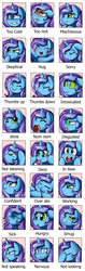 Size: 2349x7457 | Tagged: safe, artist:pridark, oc, oc only, oc:untitled work, pony, unicorn, blushing, covering ears, covering eyes, covering mouth, derp, disgusted, donut, drool, emotes, food, green eyes, green face, looking at you, magic glow, nervous, one eye closed, open mouth, sick, swirly eyes, thermometer, thumbs down, thumbs up, tongue out, wink