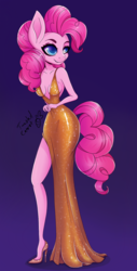 Size: 600x1180 | Tagged: safe, artist:twistedcarrot, pinkie pie, earth pony, anthro, plantigrade anthro, g4, clothes, digital art, dress, female, high heels, mare, shoes, side slit, solo, stiletto heels