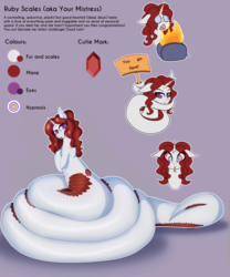 Size: 3478x4190 | Tagged: safe, artist:cha-squared, oc, oc only, oc:ruby scales, lamia, original species, pony, unicorn, coils, commission, fire, freaking out, gem, hypnosis, purple eyes, red mane, reference sheet, sign, simple background, smiling, snake tail, solo, toaster, white coat
