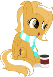 Size: 2785x4025 | Tagged: safe, artist:potato22, oc, oc only, oc:mareota, pegasus, pony, clothes, coffee, cup, female, mare, scarf, simple background, sitting, smiling, solo, transparent background