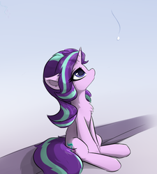 Size: 540x600 | Tagged: source needed, safe, artist:d.w.h.cn, starlight glimmer, pony, unicorn, g4, chest fluff, cute, ear fluff, female, glimmerbetes, leg fluff, looking up, mare, simple background, sitting, snow, snowfall, solo