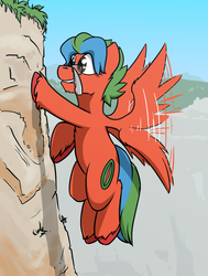 Size: 2596x3428 | Tagged: safe, artist:captainhoers, oc, oc only, oc:summer lights, pegasus, pony, cliff, cute, flying, glasses, grass, high res, male, mouth hold, pickaxe, rock, smiling, solo, stallion, unshorn fetlocks