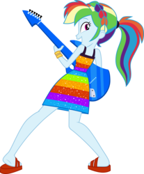 Size: 3000x3631 | Tagged: safe, artist:cloudyglow, rainbow dash, equestria girls, equestria girls series, spring breakdown, spoiler:eqg series (season 2), .ai available, all good (song), ankles, clothes, cute, dashabetes, dress, electric guitar, feet, female, guitar, headband, heel pop, high res, looking back, musical instrument, rear view, sandals, scrunchie, simple background, singing, sleeveless, smiling, solo, transparent background, vector
