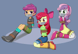 Size: 1600x1100 | Tagged: safe, artist:nivek15, apple bloom, scootaloo, sweetie belle, equestria girls, g4, apple bloom's bow, arm behind back, bondage, boots, bound and gagged, bow, clothes, cutie mark crusaders, female, gag, gray background, hair bow, help us, jeans, kneeling, pants, ropes, shoes, shorts, simple background, sitting, skirt, tape, tape gag, trio, trio female