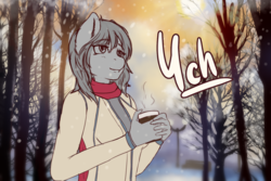 Size: 1440x960 | Tagged: safe, artist:mintjuice, anthro, advertisement, clothes, coffee mug, commission, female, mug, park, smiling, snow, snowfall, solo, tree, your character here