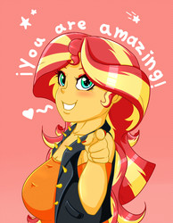 Size: 1550x2000 | Tagged: safe, artist:albertbm, sunset shimmer, equestria girls, g4, blushing, breasts, busty sunset shimmer, cute, eyeshadow, female, looking at you, makeup, nail polish, positive ponies, red background, shimmerbetes, simple background, smiling, solo, talking to viewer