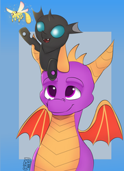 Size: 571x790 | Tagged: safe, artist:almond evergrow, changeling, dragon, baby changeling, collaboration, commission, sparx the dragonfly, spyro the dragon, spyro the dragon (series)