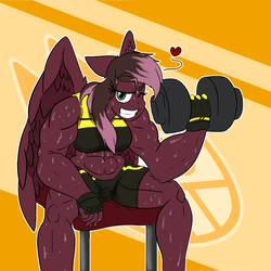 Size: 1600x1600 | Tagged: safe, artist:sanyo2100, oc, oc only, oc:masquerade, pegasus, anthro, abstract background, female, gym, muscles, patreon, reward, solo, sweat