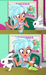 Size: 590x960 | Tagged: safe, screencap, angel bunny, frosty orange, human, rabbit, equestria girls, g4, my little pony equestria girls: choose your own ending, tip toppings, tip toppings: fluttershy, angel is a bunny bastard, animal, cup, food, froyo, frozen yogurt, frozen yogurt shop, shocked
