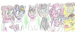 Size: 1948x843 | Tagged: safe, artist:ptitemouette, cheese sandwich, pinkie pie, oc, oc:charlie, oc:cheese cake, oc:cheese party, oc:coquillage, oc:sunshine sparkle, oc:surprise, hybrid, g4, female, interspecies offspring, magical lesbian spawn, marriage, mother and daughter, oc x oc, offspring, parent:cheese sandwich, parent:cranky doodle donkey, parent:matilda, parent:pinkie pie, parent:princess skystar, parent:sunset shimmer, parent:twilight sparkle, parents:cheesepie, parents:skypie, parents:sunsetsparkle, shipping, siblings, sick, sisters, wedding