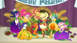 Size: 1920x1080 | Tagged: safe, screencap, applejack, fluttershy, pinkie pie, rainbow dash, rarity, sci-twi, sunset shimmer, twilight sparkle, equestria girls, equestria girls series, g4, holidays unwrapped, o come all ye squashful, spoiler:eqg series (season 2), clothes, converse, cornucopia, cornucopia costumes, costume, dress, eggplant, female, food, fruit, group photo, humane five, humane seven, humane six, inflatable, inflatable dress, puffy sleeves, shoes