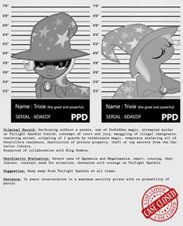 Size: 806x992 | Tagged: safe, artist:dan232323, trixie, pony, unicorn, g4, attempted murder, cape, clothes, crime, dark magic, female, grayscale, hat, implied king sombra, kidnapped, magic, mare, monochrome, mugshot, my little criminal records, solo, trixie's cape, trixie's hat