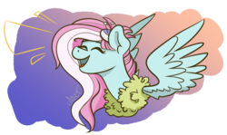 Size: 1156x691 | Tagged: safe, artist:cadetredshirt, kerfuffle, pegasus, pony, g4, rainbow roadtrip, bust, clothes, ear fluff, eyes closed, female, gradient background, hairpin, laughing, loud, mare, simple background, smiling, solo, wings