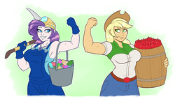 Size: 1024x582 | Tagged: safe, artist:ambris, applejack, rarity, equestria girls, g4, apple, applejack's hat, applejacked, armpits, barrel, belt, biceps, big breasts, breasts, bucket, busty applejack, busty rarity, clothes, commission, cowboy hat, denim skirt, duo, female, flexing, food, gem, geode of shielding, gloves, hat, helmet, lesbian, looking at each other, magical geodes, miner, mining helmet, muscles, overalls, pickaxe, ripped rarity, rolled up sleeves, ship:rarijack, shipping, skirt, stetson, tank top