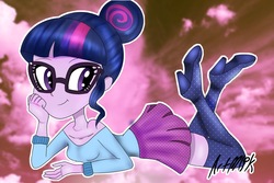 Size: 2048x1365 | Tagged: safe, artist:artmlpk, sci-twi, twilight sparkle, equestria girls, g4, bare shoulders, blushing, boots, clothes, crossed legs, cute, design, female, glasses, hair bun, hand on face, high heel boots, looking back, pleated skirt, prone, shoes, skirt, socks, solo, thigh boots, thigh highs, twiabetes