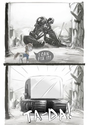 Size: 2480x3508 | Tagged: safe, artist:miradge, oc, oc only, oc:littlepip, pony, unicorn, fallout equestria, 2 panel comic, comic, female, high res, liberty prime, mare, solo, ta-da!, tank treads, toaster, toaster repair pony