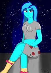 Size: 1024x1449 | Tagged: safe, artist:sneakycsgo, oc, oc only, oc:blue light, human, bow, clothes, crossed legs, female, humanized, midriff, short shirt, solo
