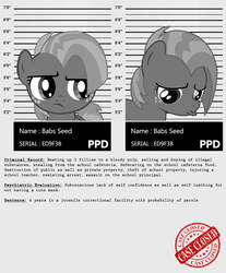Size: 910x1100 | Tagged: safe, artist:dan232323, babs seed, earth pony, pony, g4, bully, crime, female, filly, freckles, grayscale, implied pooping, juvenile delinquency, monochrome, mugshot, my little criminal records, pouty lips, sad, solo, stealing