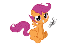 Size: 1200x700 | Tagged: safe, artist:zeronitan, scootaloo, pegasus, pony, g4, cute, cutealoo, female, filly, looking at you, signature, simple background, sitting, smiling, solo, white background