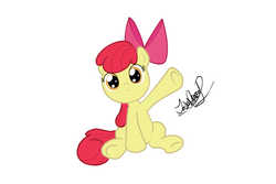 Size: 968x648 | Tagged: safe, artist:zeronitan, apple bloom, earth pony, pony, g4, adorabloom, cute, female, filly, looking at you, signature, simple background, sitting, solo, white background