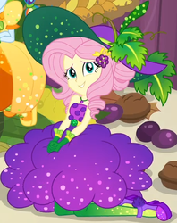 Size: 453x572 | Tagged: safe, screencap, fluttershy, rainbow dash, equestria girls, equestria girls series, g4, my little pony equestria girls: holidays unwrapped, o come all ye squashful, spoiler:eqg series (season 2), beautiful, belt, clothes, cornucopia costumes, costume, cropped, cute, dress, female, food, geode of fauna, gloves, grapes, hairclip, hat, high heels, jewelry, leaf, leggings, looking at you, looking up at you, magical geodes, necklace, shoes, shyabetes, sitting, sleeveless, smiling, stage