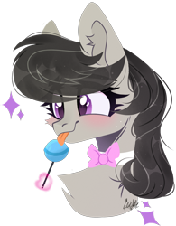 Size: 2316x2972 | Tagged: safe, artist:mint-light, octavia melody, earth pony, pony, g4, blushing, bowtie, bust, candy, chest fluff, commission, cute, ear fluff, eye clipping through hair, eyebrows, eyebrows visible through hair, female, food, high res, licking, lollipop, mare, portrait, simple background, solo, tavibetes, tongue out, transparent background, ych result
