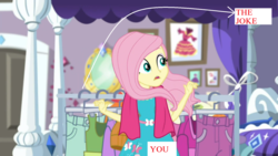 Size: 1600x900 | Tagged: safe, edit, edited screencap, screencap, fluttershy, costume conundrum, equestria girls, equestria girls series, g4, spoiler:choose your own ending (season 2), spoiler:eqg series (season 2), 1000 hours in ms paint, caption, costume conundrum: rarity, image macro, rarity's bedroom, text