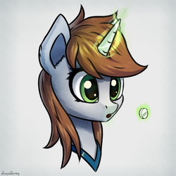 Size: 3000x3000 | Tagged: safe, artist:adagiostring, oc, oc only, oc:littlepip, pony, unicorn, fallout equestria, bust, clothes, cute, drug use, drugs, fanfic, fanfic art, female, high res, horn, jumpsuit, magic, mare, portrait, simple background, solo, telekinesis, vault suit, white background