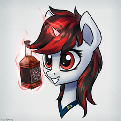 Size: 3000x3000 | Tagged: safe, artist:adagiostring, oc, oc only, oc:blackjack, pony, unicorn, fallout equestria, fallout equestria: project horizons, alcohol, alcoholic, alcoholism, bust, cute, female, grin, high res, horn, magic, mare, portrait, simple background, small horn, smiling, solo, telekinesis, whiskey, white background, wild pegasus