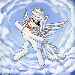 Size: 2000x2000 | Tagged: safe, artist:adagiostring, artist:inowiseei, oc, oc only, oc:silver beam, pegasus, pony, bowtie, cloud, cute, glasses, high res, looking at you, pegasus oc, solo, spread wings, trade, wings