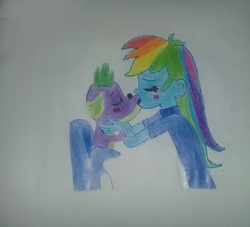 Size: 2693x2448 | Tagged: artist needed, safe, rainbow dash, spike, dog, equestria girls, g4, bestiality, female, fetish, high res, interspecies, kissing, male, ship:rainbowspike, shipping, straight, traditional art, zoophilia