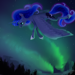 Size: 1000x1000 | Tagged: safe, artist:theo-0, princess luna, alicorn, pony, g4, aurora borealis, ethereal mane, female, flying, mare, night, profile, sky, solo, spread wings, starry mane, stars, wings