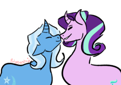 Size: 1181x827 | Tagged: safe, artist:lieutenantcactus, artist:polyquestria, starlight glimmer, trixie, pony, unicorn, g4, boop, curved horn, eyes closed, female, horn, lesbian, mare, noseboop, ship:startrix, shipping, simple background, smiling, white background