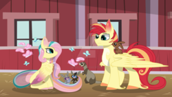 Size: 1190x671 | Tagged: safe, artist:alister-calouro, fluttershy, oc, oc:little apple, bat, butterfly, ferret, pegasus, pony, rabbit, g4, alternate design, animal, barn, colored hooves, colored wings, colored wingtips, deviantart watermark, female, male, mother and son, obtrusive watermark, offspring, pale belly, parent:big macintosh, parent:fluttershy, parents:fluttermac, rainbow power, stallion, unshorn fetlocks, watermark