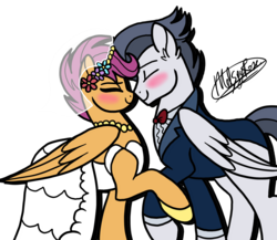 Size: 2048x1780 | Tagged: safe, artist:melspyrose, rumble, scootaloo, pegasus, pony, blushing, clothes, cute, cutealoo, dress, ear fluff, female, grown ups, male, mare, marriage, married couple, older, older rumble, older scootaloo, rumblebetes, rumbloo, shipping, stallion, straight, wedding, wedding dress, wedding suit, wedding veil