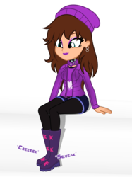 Size: 2244x3000 | Tagged: safe, artist:cyberapple456, oc, oc only, oc:chloe adore, equestria girls, g4, boots, clothes, ear piercing, earring, eyeshadow, hat, high res, jacket, jewelry, lipstick, makeup, piercing, purple eyeshadow, purple lipstick, shoes, simple background, smiling, solo, wellington boots, white background