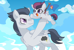Size: 1263x852 | Tagged: safe, artist:wispyaxolotl, rumble, scootaloo, oc, oc:high winds, pegasus, pony, g4, base used, cheering, cute, cutie mark, father and daughter, female, filly, flag, foal, male, next generation, offspring, parent:rumble, parent:scootaloo, parents:rumbloo, stallion