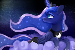 Size: 1748x1181 | Tagged: safe, artist:black moon, princess luna, alicorn, pony, g4, cloud, cute, female, glowing horn, horn, lunabetes, mare, night, on a cloud, pixiv, profile, sky, solo, stars