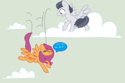 Size: 1352x902 | Tagged: safe, artist:themysticaldrawer13, rumble, scootaloo, pegasus, pony, g4, cloud, damsel in distress, falling, female, male, ship:rumbloo, shipping, speech bubble, straight, teenager, text